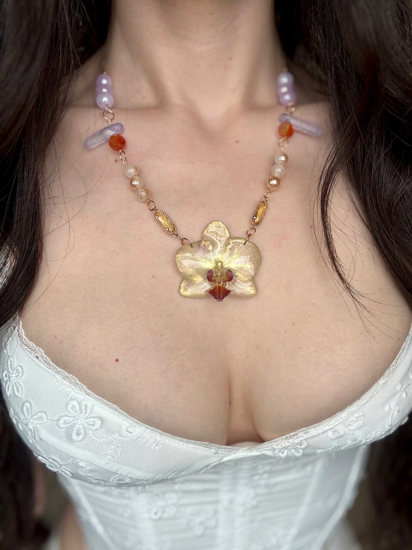 Gold Orchid necklace with Amethyst and agate, glass charms and beads