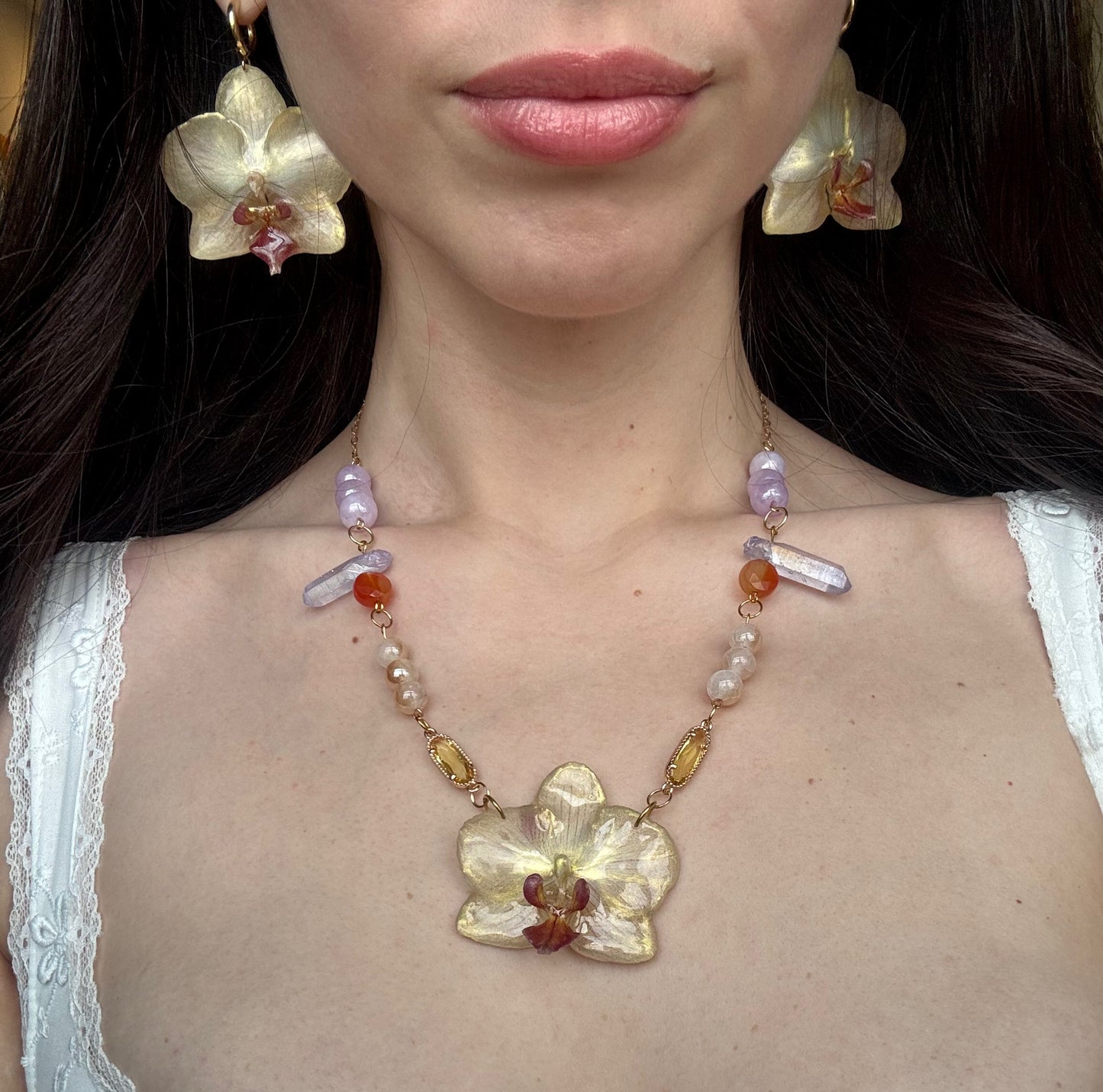 Necklace and earring gold orchid set