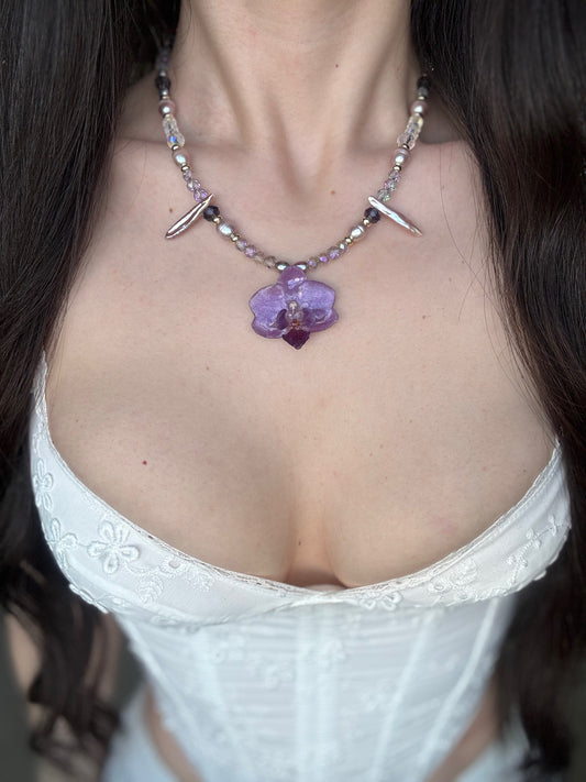 Purple orchid choker necklace with pearl and crystal beading.
