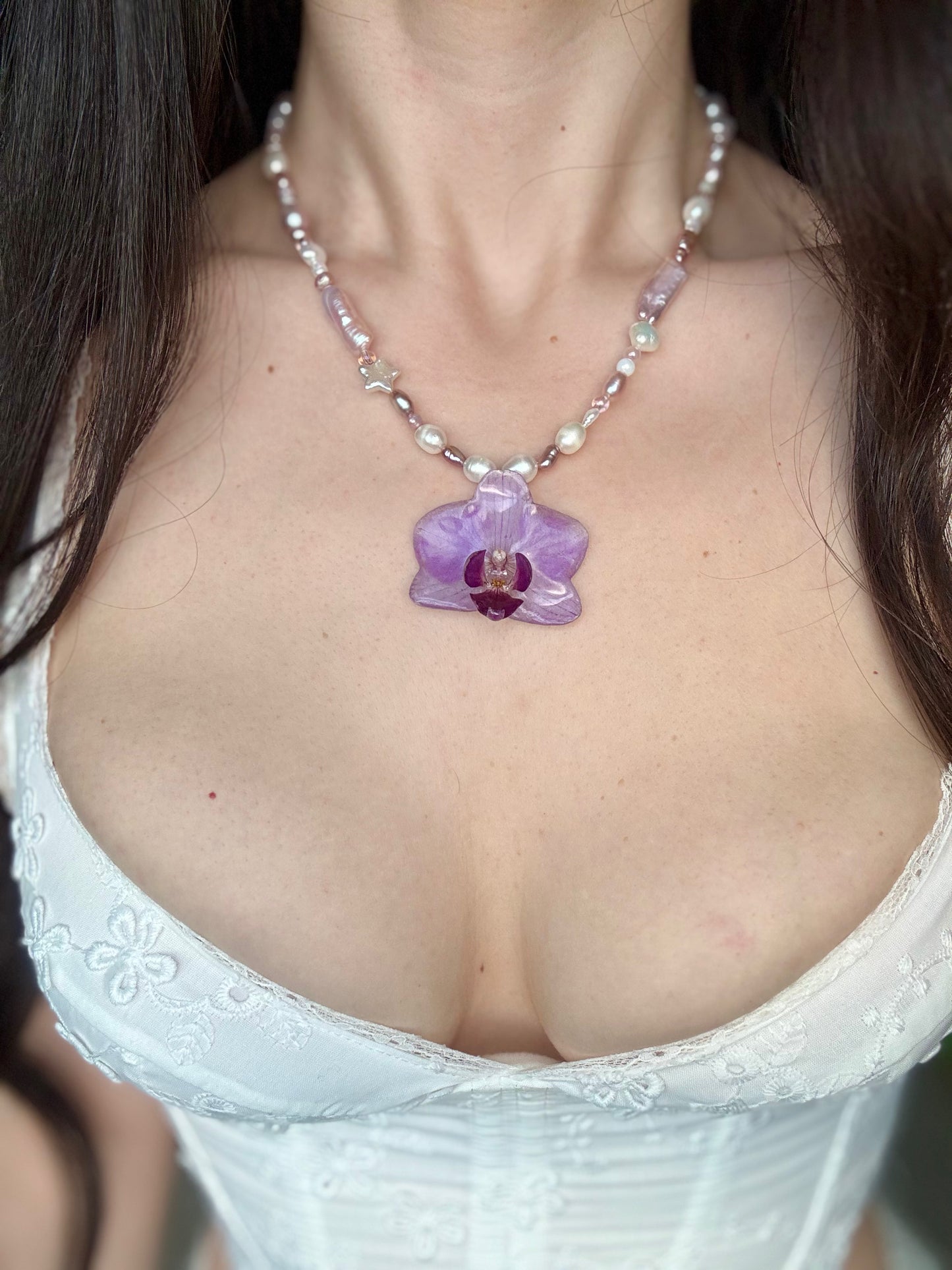 purple Orchid pendant necklace with freshwater pearls.
